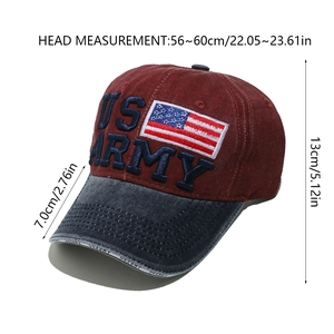 Detail of US ARMY embroidery and US flag patch on vintage washed baseball cap