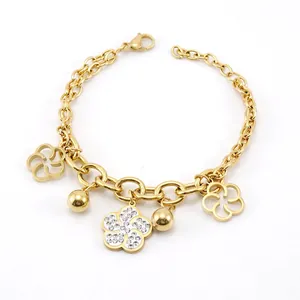 Flower Pendant Bracelet 18K Gold Plated Stainless Steel With Sparkling Rhinestone Double Layer Chain Elegant Jewelry For Women