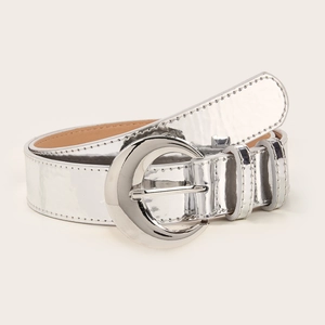 Women Silver Mirror Faux Leather Belt With Alloy Crescent Moon Pin Buckle Retro Minimalist Waistband For Jeans