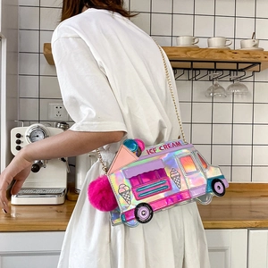 Fashionable holographic laser ice cream truck crossbody bag with pink pompom and chain
