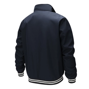 Back view of men's navy blue casual windbreaker jacket with stand collar and white stripes