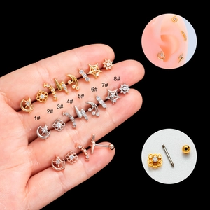 Cartilage Stud Earrings Stainless Steel Copper Cubic Zirconia Screw Back Helix Piercing Flower Star Moon Trendy For Women