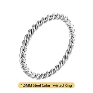 1.5mm minimalist stainless steel rope twist ring in polished silver steel color finish