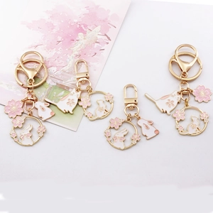 Cute Japanese cherry blossom rabbit metal keychain women bag charm cute animal pendant gifts