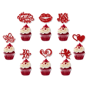 Glittering red heart and kiss me cupcake toppers for Valentine's Day party treats