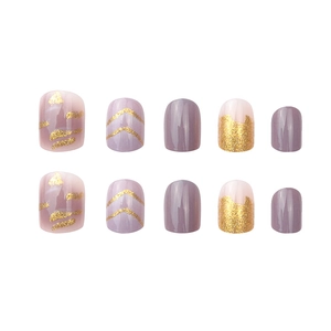 24pcs purple press-on nails with gold glitter, lilac v-shaped lines, and shimmer details