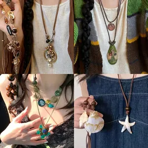 Retro Ethnic Pendant Necklace Alloy Wood Resin Shell Beads Bohemian Long Sweater Chain For Women Versatile Vintage Jewelry