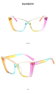 Rainbow gradient cat eye glasses frame with gold metal trim in front and side views
