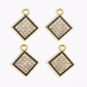 Set of four gold square pendants with inlaid clear rhinestones for DIY jewelry making
