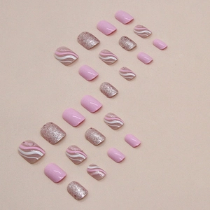 Short pink and white wave pattern press-on nails with glitter accents, 24-piece set