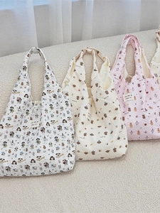 Women Tote Bag Quilted Bubble Fabric Cartoon Animal Print Large Capacity Casual Shopping Shoulder Handbag Cute Style