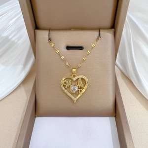 Heart Pendant Necklace With Mom Letter Butterfly Copper Micro Inlaid Zirconia Stainless Steel Chain For Women