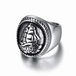 Vintage silver sailing ship signet ring with engraved rope border for men