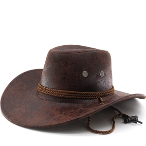 Western Cowboy Hat Faux Leather Retro Wide Brim Outdoor Sun Hat With Adjustable Chin Strap For Men And Women