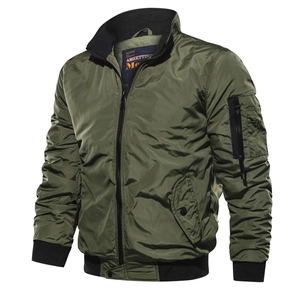 Classic army green bomber jacket with ribbed collar and functional sleeve pocket