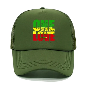 Detail of olive green trucker hat featuring red yellow green ONE LOVE print and mesh back