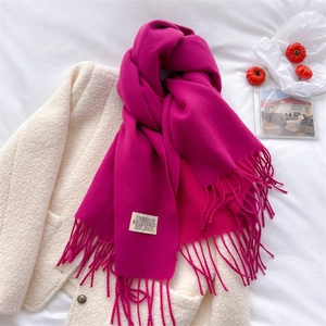 Detail of rose red cashmere feel scarf with fringe on a white coat and pumpkins