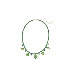 Luxurious green crystal heart fringe necklace with gold chain on a white background