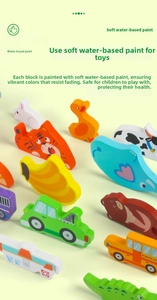 Detail of colorful wooden puzzle blocks with soft water-based paint and animal patterns