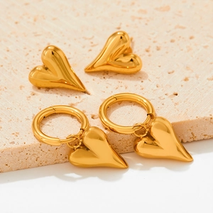 Polished gold stainless steel heart stud earrings and hoop pendants set for women