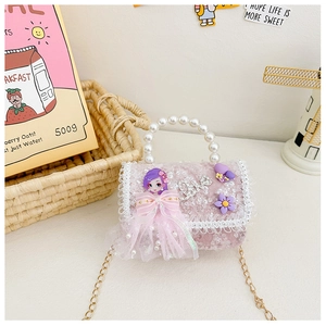 Pink sequin kids bag featuring pearl handle, lace trim, and golden chain strap