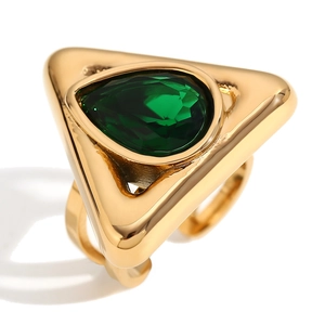 18K gold plated stainless steel open ring with a triangle frame and green pear cut stone