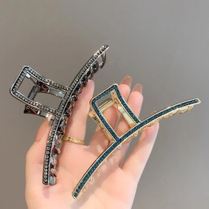 Elegant gold and dark grey square metal hair claws with rhinestones, set of two pieces
