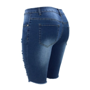 Damen Jeans-Shorts mit hoher Taille in Dunkelblau mit Rissen und Fransen am Saum