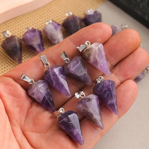 Natural amethyst crystal pendulum pendants with hexagonal conical cut and silver metal bail