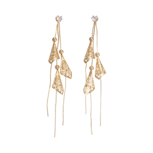 18K gold plated hollow geometric chain earrings with crystals and hanging metal cones