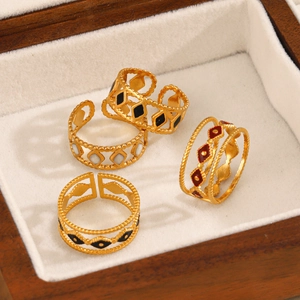 Vintage Rhombus Ring Stainless Steel Enamel Open Adjustable Hollow Geometric Gold Plated Fashion Jewelry For Women