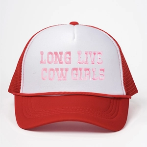 Detail of red and white trucker hat featuring pink LONG LIVE COW GIRLS embroidery