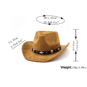 Classic suede cowboy hat with metal studded leather band and detailed size dimensions