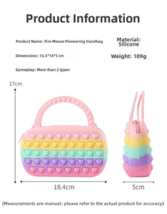 Detailed size chart of rainbow heart silicone pop it purse with 18.4cm length dimension