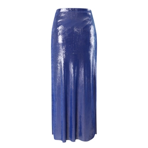 Detail of maxi skirt in shiny cobalt blue metallic fabric with textured finish