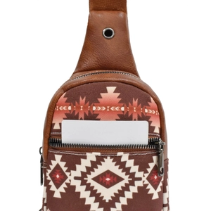 Detail of ethnic canvas crossbody bag with multiple zippers and brown leather patchwork