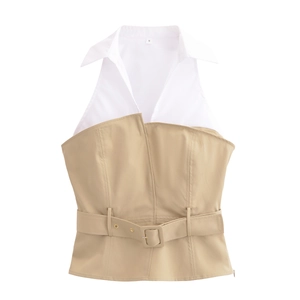 Top Dos Nu Épissé Femme Polyester Col Chemise Patchwork Camisole Coupe Ajustée Avec Ceinture Élégant Streetwear