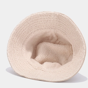 Men wide brim beige fleece bucket hat showing soft interior texture and warm material