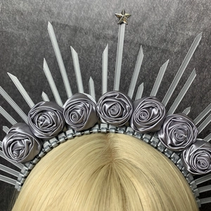 Gothic silver halo crown headband with satin roses and celestial star for cosplay