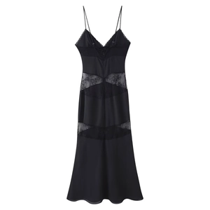 Elegant black V-neck satin slip dress with lace patchwork and backless slim fit design