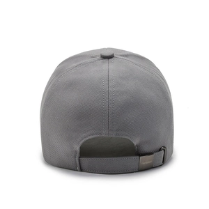 Rear view of a grey baseball cap with breathable texture and adjustable metal buckle