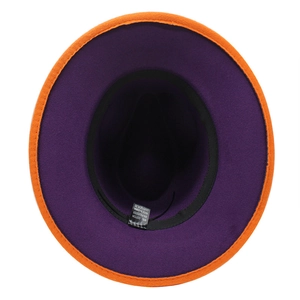 Two-tone wool fedora hat in orange and purple with flat brim for men and women