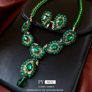 Parure De Bijoux Vert Émeraude Vintage Collier Et Boucles D Oreilles Goutte En Strass Avec Tige En Argent Pour Femme