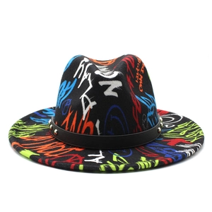 Black wool fedora hat with colorful graffiti print and studded leather band decor