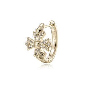 Elegant gold vintage cross hoop earring with sparkling clear crystals on white backdrop