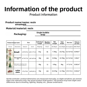 Detailed size chart for Christmas resin ornaments including mailbox and tree dimensions