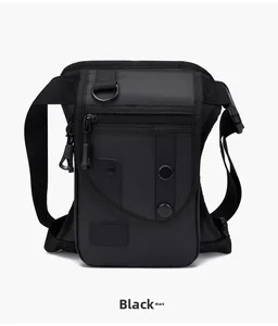 Close-up of black tactical drop leg bag featuring adjustable straps and durable nylon fabric