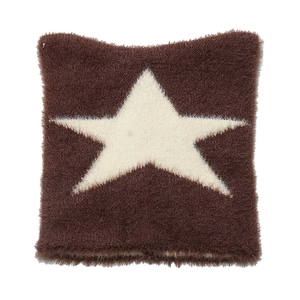 Detail of soft brown faux fur knit hat with a cream-colored star pattern on a white background