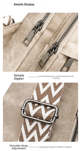 Detail of khaki chest bag showing smooth dual zipper closure and adjustable woven strap