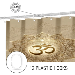 Detail of mandala shower curtain with gold Om symbol, metal eyelets and 12 plastic hooks